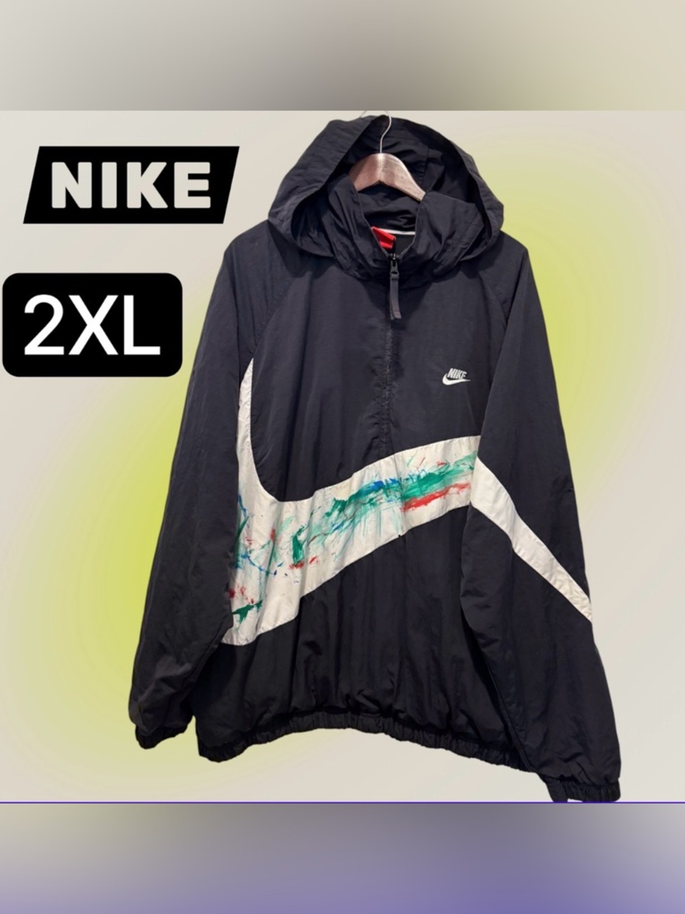 Nike Black Hooded Windbreaker with White Swoosh and Green/Orange Accents 2 XL.